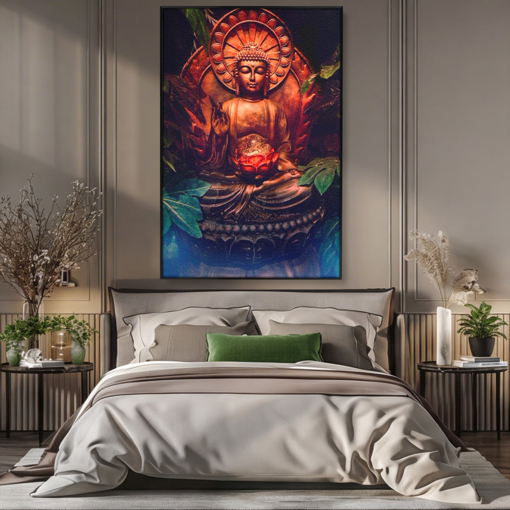 Tablou canvas cu tablou canvas cu statuie buddha in meditatie, in rama de aluminiu negru, pe perete intr-un dormitor